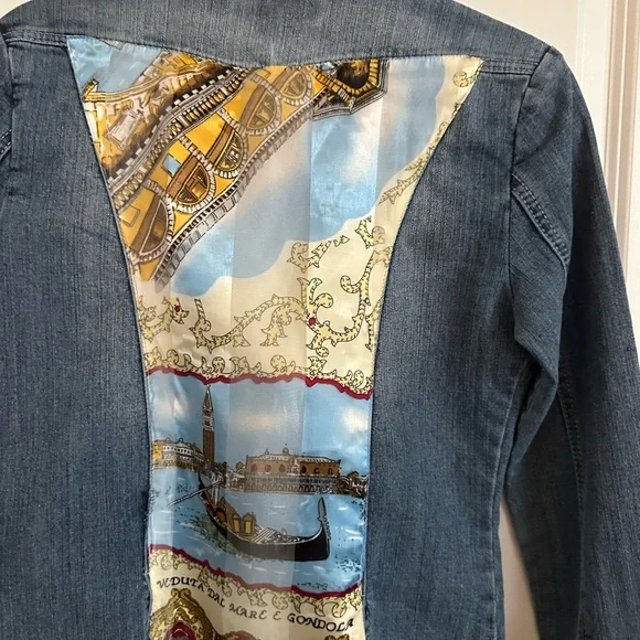 Vintage Denim Jacket, Italian Silk Print insert. Casual,soft,chic,unique jacket.